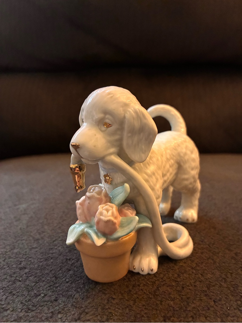 Lenox White Porcelain Dog Figurine with Pastel Flower Pot